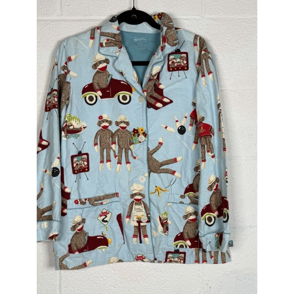 Nick & Nora Women's S Sock Monkey Pajama Shirt Blue Button Front Sleepwear